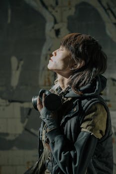 A contemplative adult stands against a gritty wall, embodying resilience in a post-apocalyptic world.