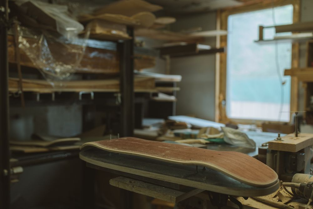 木材の積層と仕上げを確認する工房作業