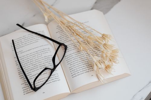 Free Stylish still life of an open book with reading glasses and dried flowers, perfect for literary themes. Stock Photo