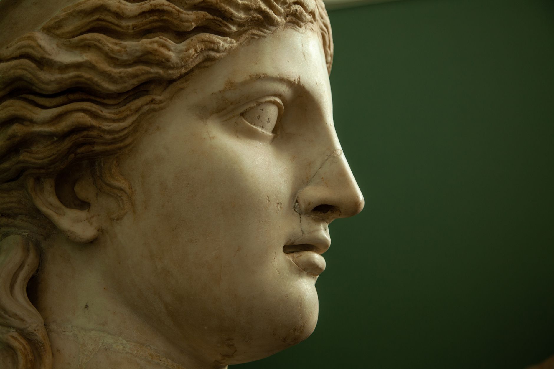 Close-up side view of an ancient Greek sculpture's face, highlighting classical features.