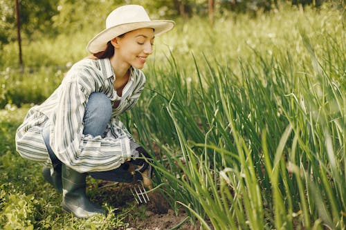 Woman In Striped Long Sleeve Shirt And Denim Jeans Near Grass