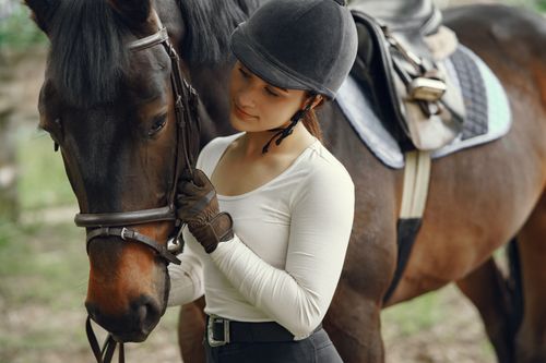 Free A young woman in equestrian gear affectionately holds a horse outdoors. Stock Photo
