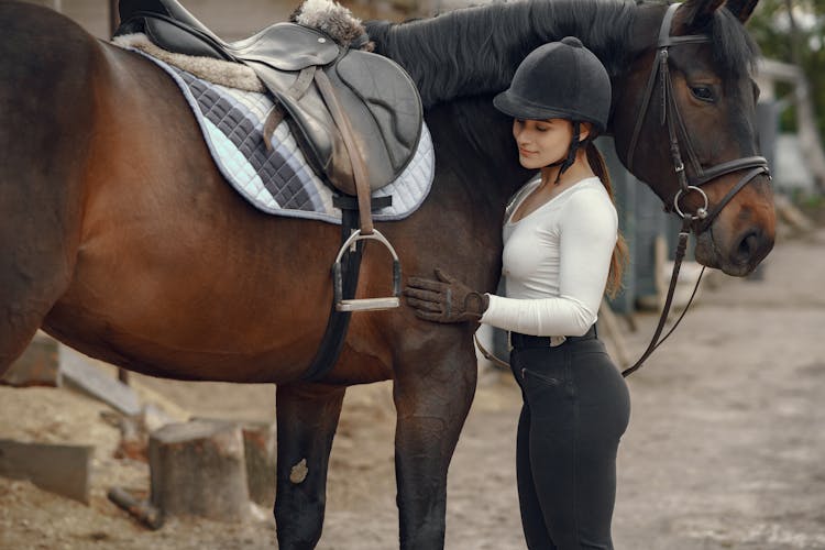 Woman Petting A Brown Horse