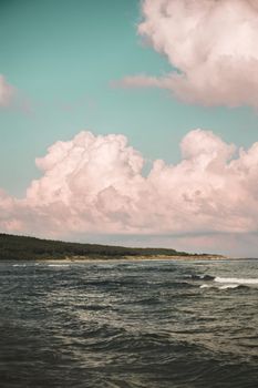 Breathtaking landscape of wavy ocean water and coast with plants under clouds at sunset