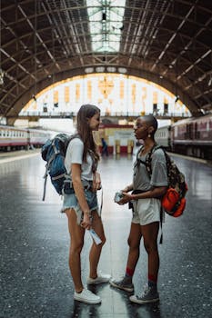 Two young women with backpacks converse in a train station, capturing travel vibes.