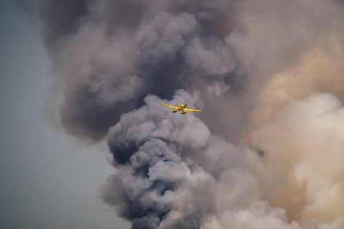 Free Dramatic scene of a yellow airplane flying through dense smoke, possibly from a wildfire. Stock Photo
