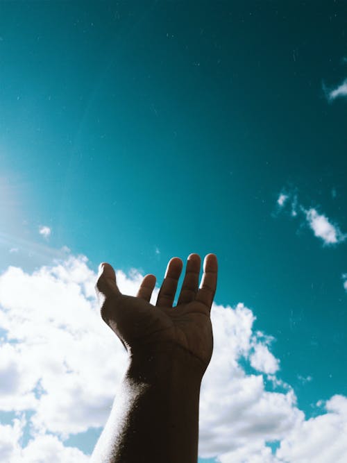 Grayscale Photo of Person's Hand Reaching For the Sky · Free Stock Photo