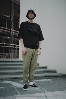 一个穿着时尚休闲服的年轻人站在楼梯上，望着街上的镜头