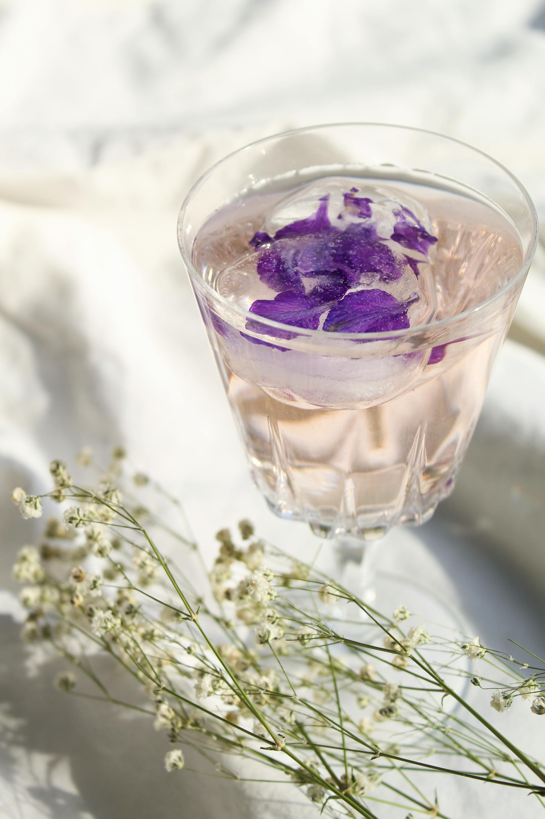 清爽的花与紫色花瓣和冰一同注入饮料，在柔和的背景下呈现出精致的白色花朵