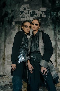 两位模特身着未来派服装，妆容大胆，戴着眼镜