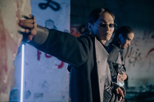 Two stylish individuals pose in a cyberpunk, neon-lit urban environment.