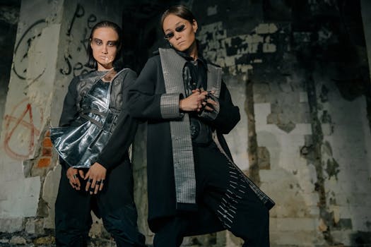 在反乌托邦的城市背景下，两名模特穿着未来派服装摆姿势