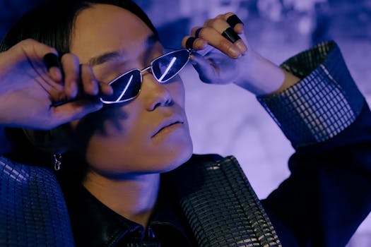 A striking portrait of a person wearing neon-lit glasses, showcasing a futuristic style.