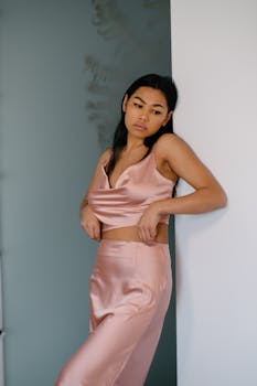Young upset ethnic female in elegant outfit with makeup looking down near wall