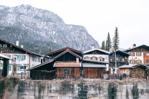 Rural cottages on mountain bottom in winter