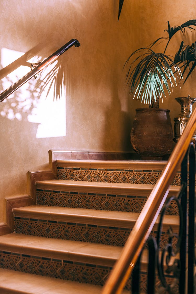 Interior With Stone Staircase With Ornament And Reflection Of Palm On Wall