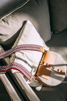 From above of trendy handbag with leather elements placed on gray sofa in sunny day