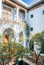 Facade of building with arches and balcony near terrace with decorative pool and tangerine trees