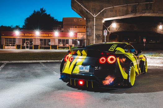 Contemporary bright sport car near tunnel
