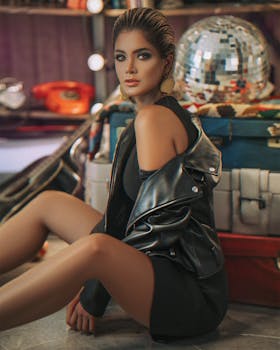 Elegant woman in a leather jacket seated indoors, exuding luxury and retro charm.