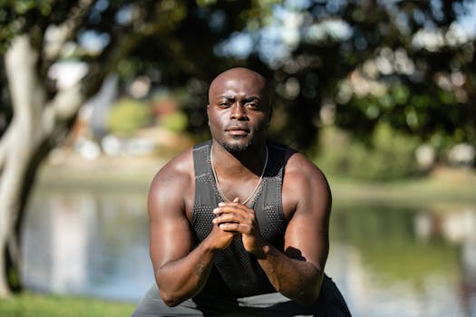 Fit African American man in outdoor park setting practicing fitness exercises.