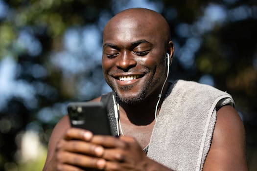 Close-up of a smiling man using a smartphone and earphones outdoors.
