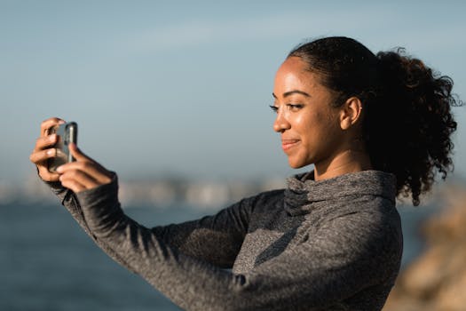 A young woman in a sweater smiles while taking a selfie with her smartphone by the sea.