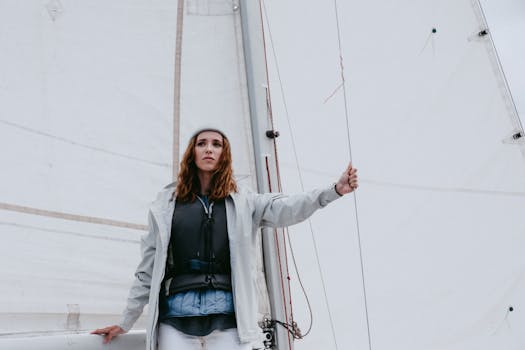 A woman stands confidently on a yacht, enjoying a summer sailing adventure.