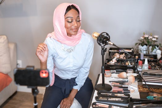 A woman in a hijab conducting a makeup tutorial with various cosmetics and a microphone.