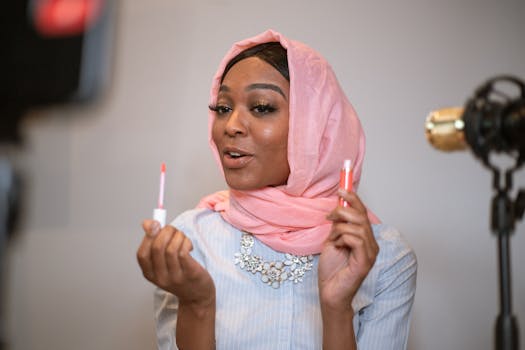 Muslim woman in a pink headscarf sharing beauty tips with lip gloss in a vlog setup.
