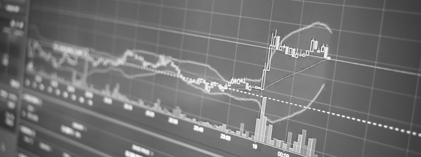 Black and white display of financial chart with data and statistics for trading analysis.