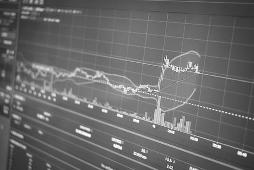 Black and white display of financial chart with data and statistics for trading analysis.