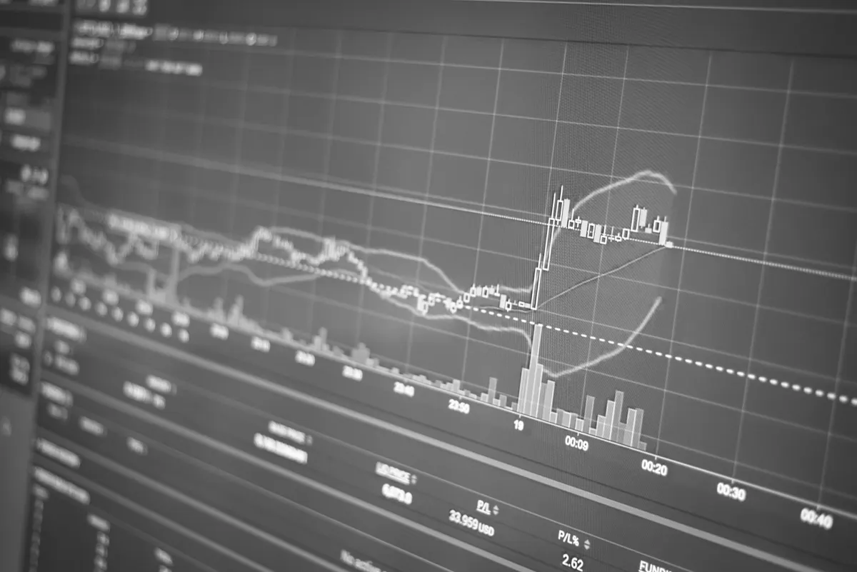 Monochrome stock market chart displaying uptrend on a computer screen.