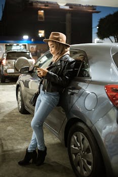 A fashionable woman in a hijab and hat leans against a car, texting at night.