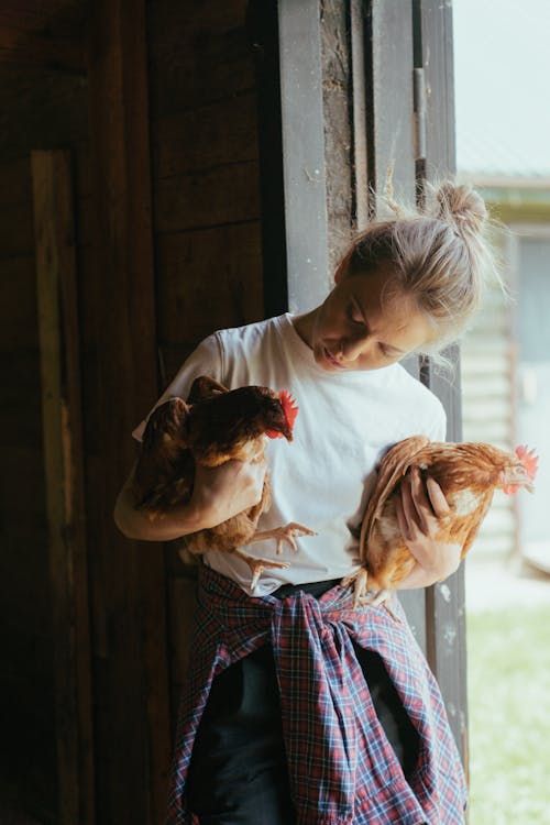 Man in White Dress Shirt Holding White and Brown Chicken