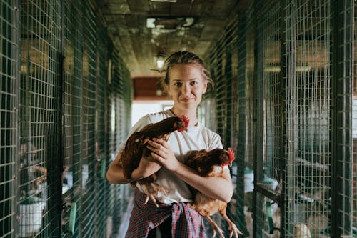 Girl in Red and White Dress Holding White and Black Chicken