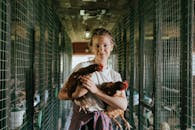 一名年轻女子站在鸡舍里，抱着两只母鸡，展现着农场生活