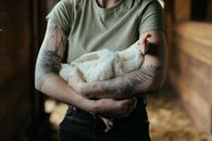 Person in Green Crew Neck T-shirt Holding White Chicken