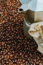 From above of spilled coffee beans near old metallic maker and natural fabric bag