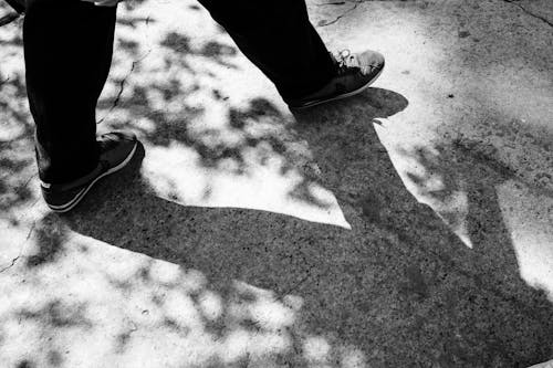 From above anonymous person in sneakers walking on asphalt path on city street