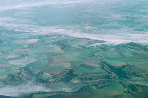 Drone view of agricultural plantations in countryside