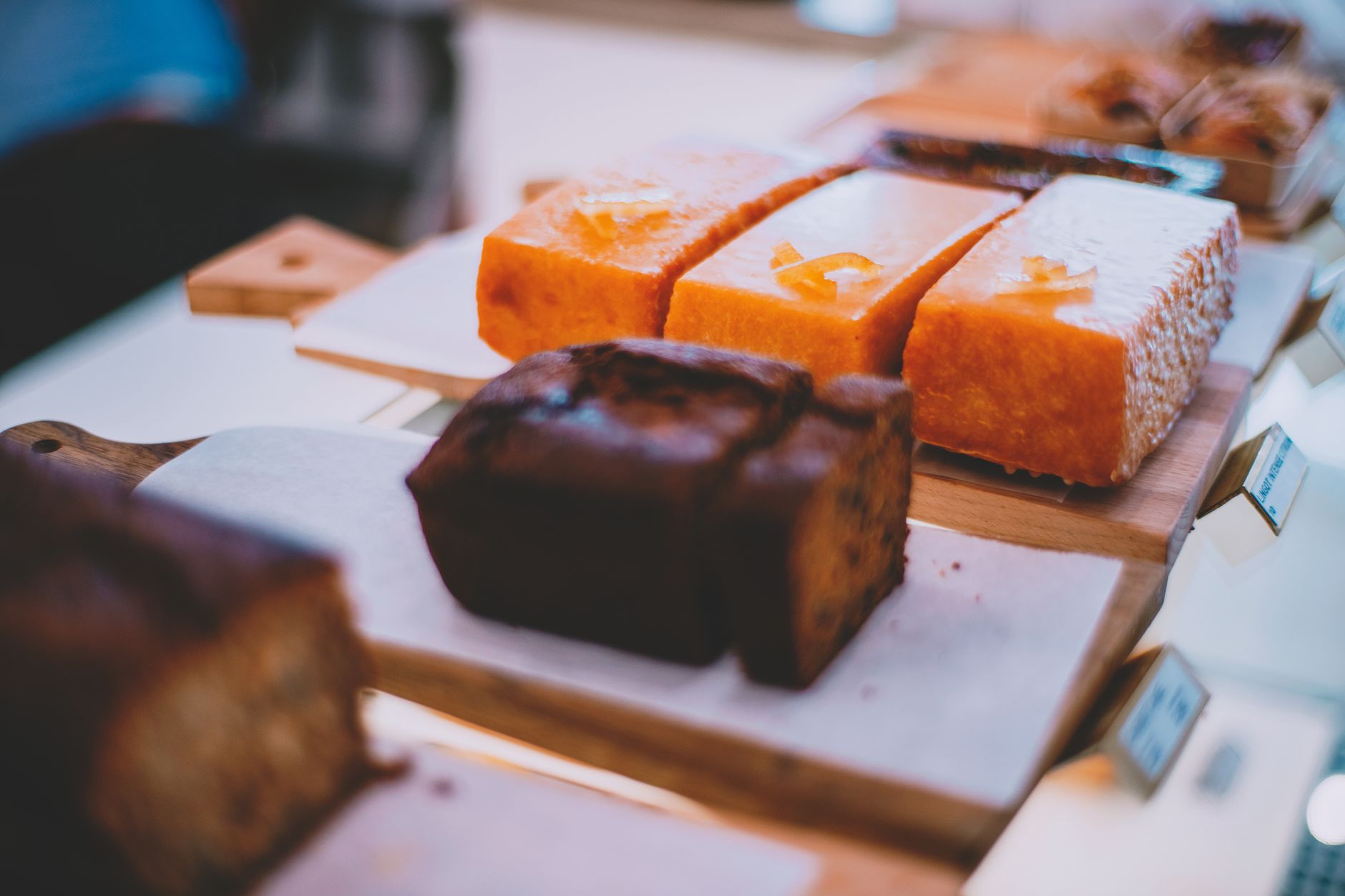 Variety of chocolate cakes on display at grocery store