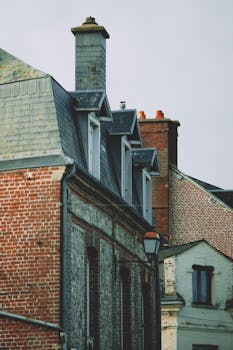 Historic brick houses with classic chimneys in an urban neighborhood.