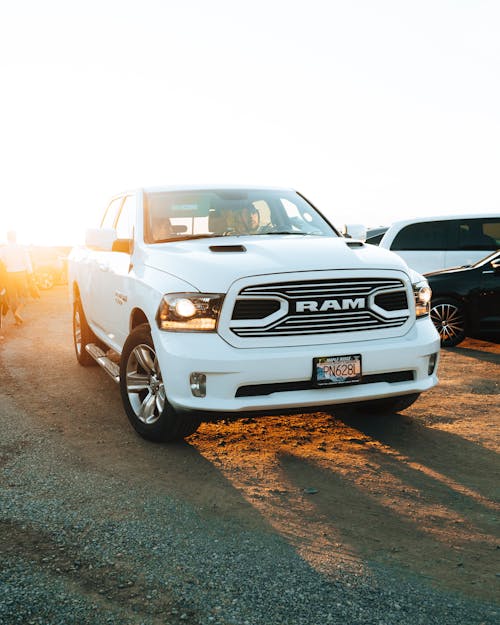 Big white modern trunk parked on road covered with sand next to automobiles under cloudless sky at sunset