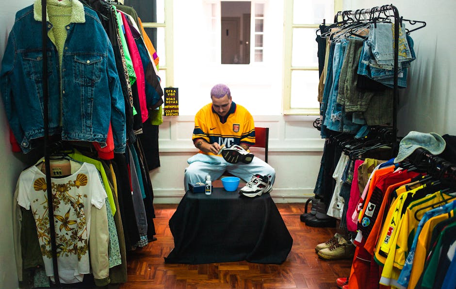 Retail store setup with organized displays and modern shelving, businessman inspecting merchandise