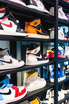 Vibrant Nike sneakers arranged neatly on retail store shelves showcasing brand diversity.