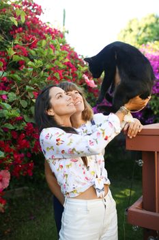 一对快乐的夫妇和他们的猫在色彩缤纷、开满鲜花的花园里，享受着阳光明媚的一天