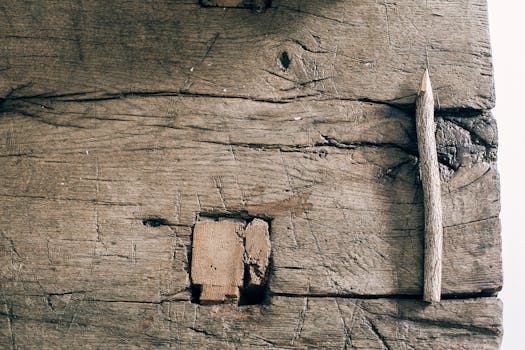 Top view full frame background of wooden surface with cracks and pencil placed on plank