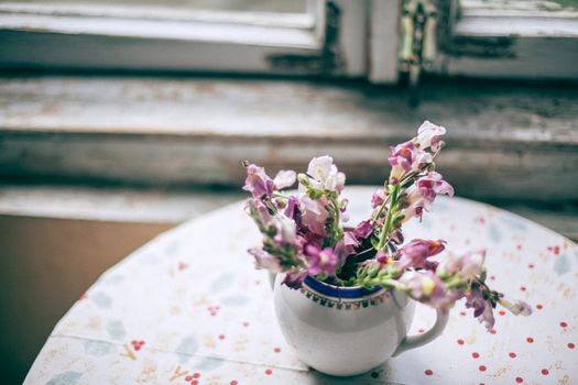 From above of bright blooming flowers with pleasant aroma in teapot shaped vase near old window in sunlight