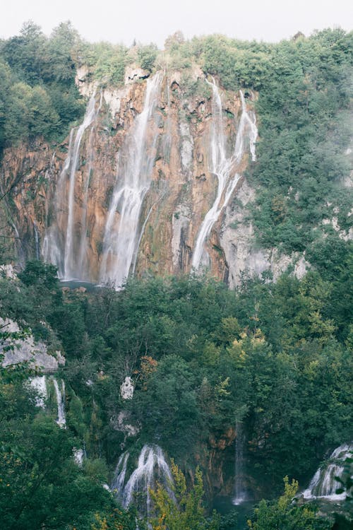 Picturesque waterfalls flowing among green lush forest in rocky ravine